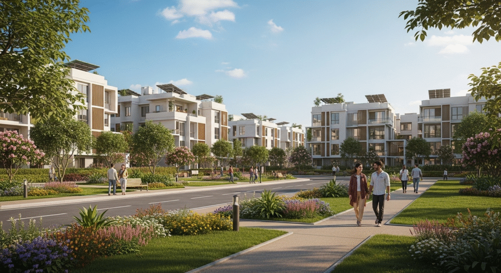 Modern sustainable apartment complex in Sundarpada Bhubaneswar by Subha Construction & Developers surrounded by greenery and open spaces.