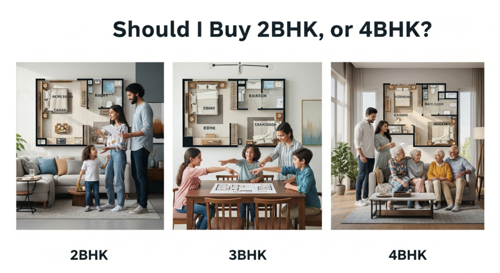 Comparison of 2BHK, 3BHK, and 4BHK apartment options with modern interiors and family-friendly design