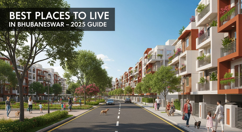 Modern residential neighborhood in Bhubaneswar with apartments, greenery, and family-friendly surroundings