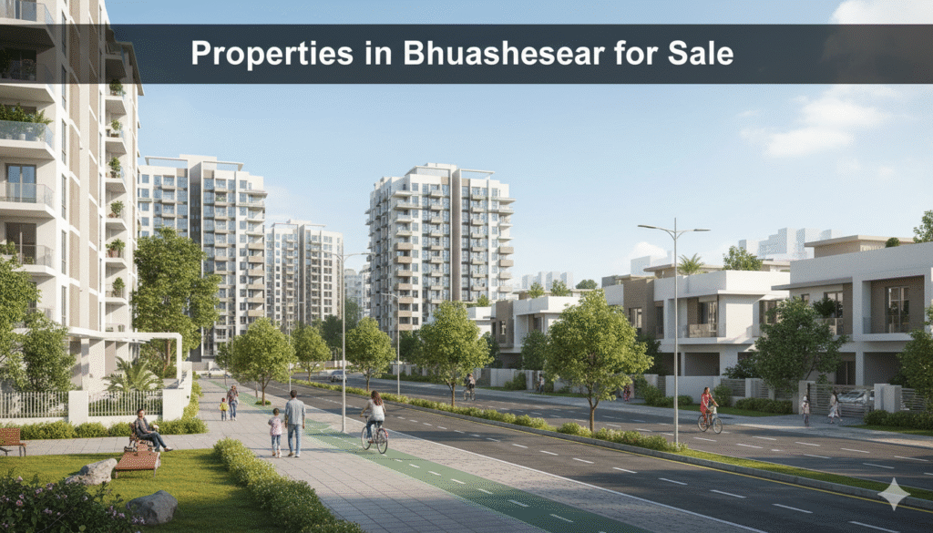 “Residential properties for sale in Bhubaneswar including apartments and houses in a modern neighborhood.”