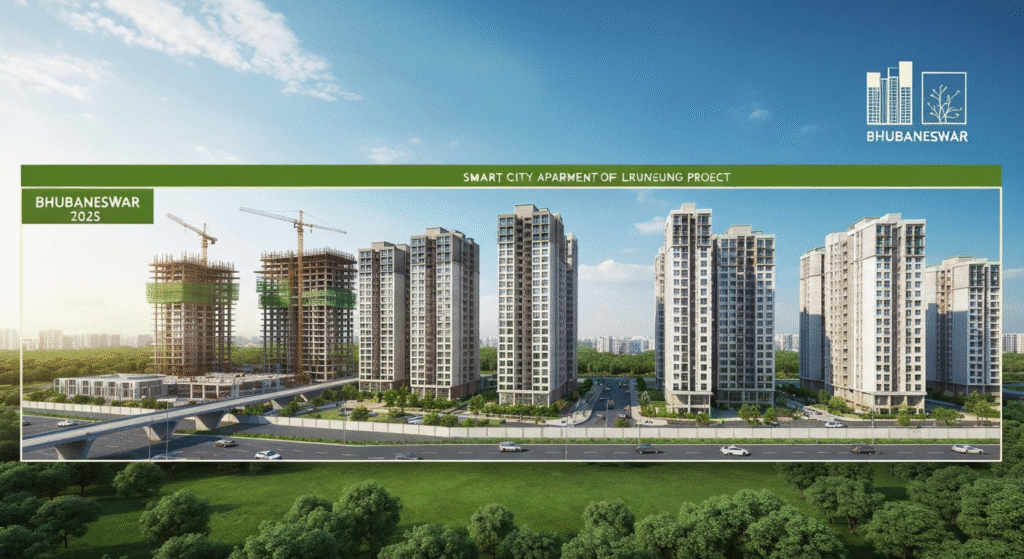 Upcoming apartment projects in Bhubaneswar with modern residential towers and smart city infrastructure.