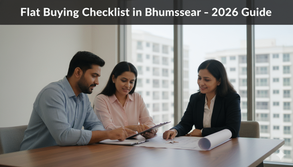“Flat buying checklist in Bhubaneswar showing homebuyers verifying documents before purchasing an apartment.”