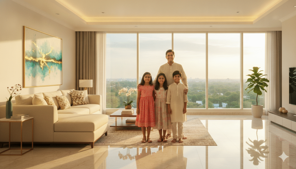 Happy Indian family in spacious 3BHK flat Bhubaneswar 2026 – Subha Ratnam