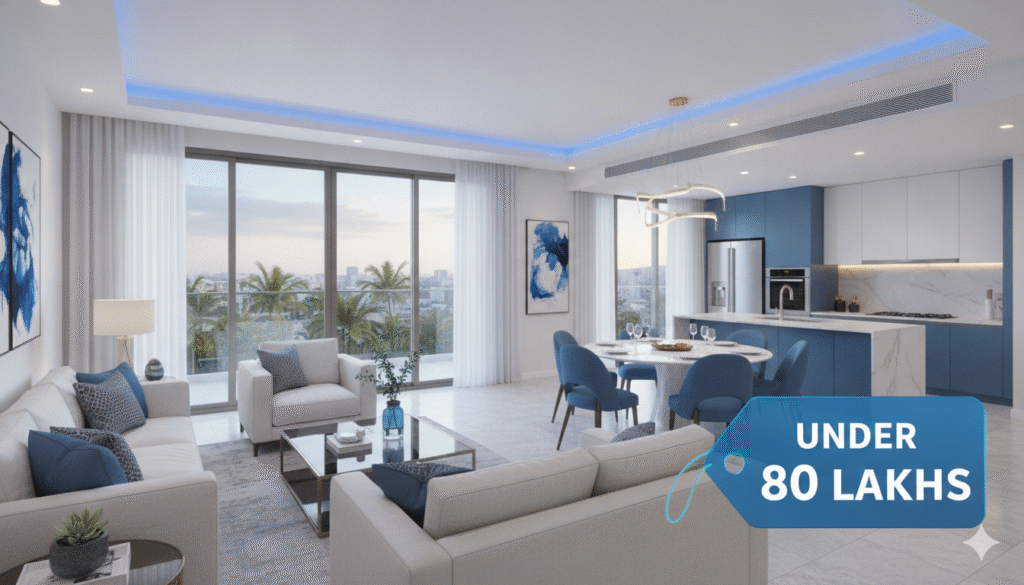 Modern premium 3BHK apartment interior in Bhubaneswar with elegant design, subtle price tag graphic overlay showing under 80 lakhs, clean minimal style, blue and white colour theme, real estate advertisement design, ultra realistic, 16:9 wide banner format